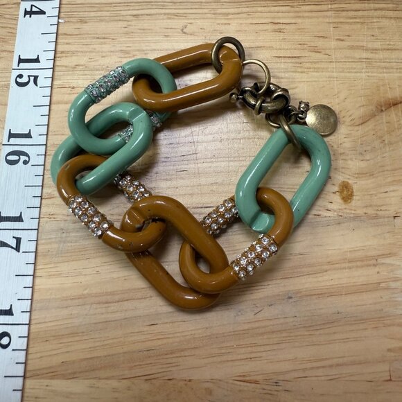 J Crew Chunky Chain Link Bracelet W/ Rhinestone Accents Green & Brown Enamel Gol - Picture 10 of 10